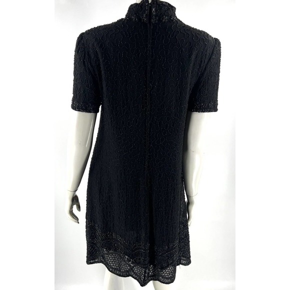 VTG J Kara Dress Size M Black Silk Allover Beaded High Neck Evening Cocktail - Picture 5 of 6
